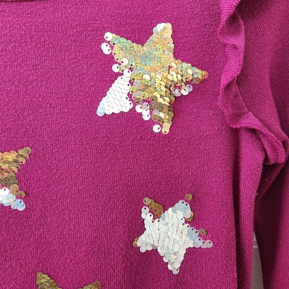 Carter's Girls Burgandy Ruffled Long Sleeve Sequin Star Sweater Dress Size 12 - Picture 2 of 5